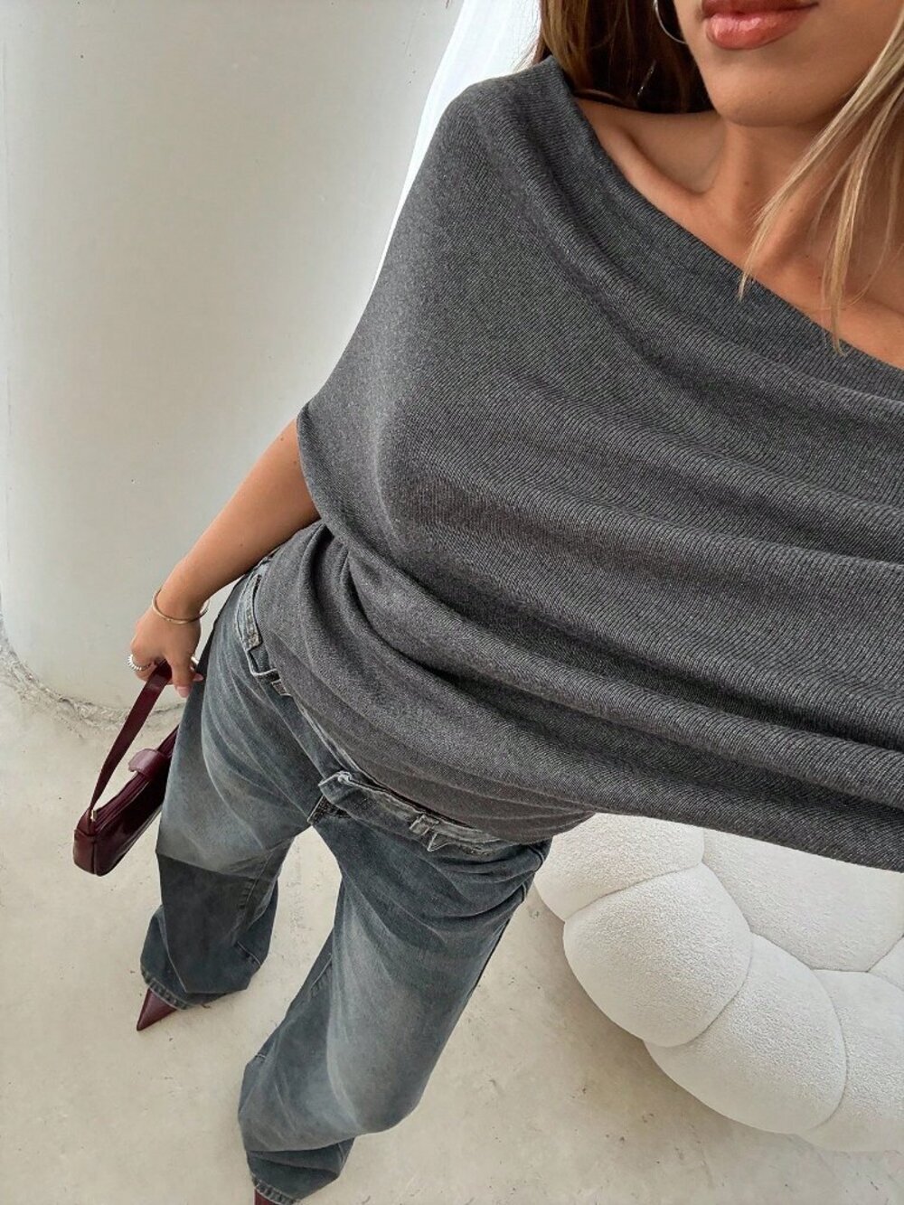 Dark Grey Casual Women's Off-Shoulder Loose Neck Short Sleeve Knitted Sweater - Picture 4 of 7